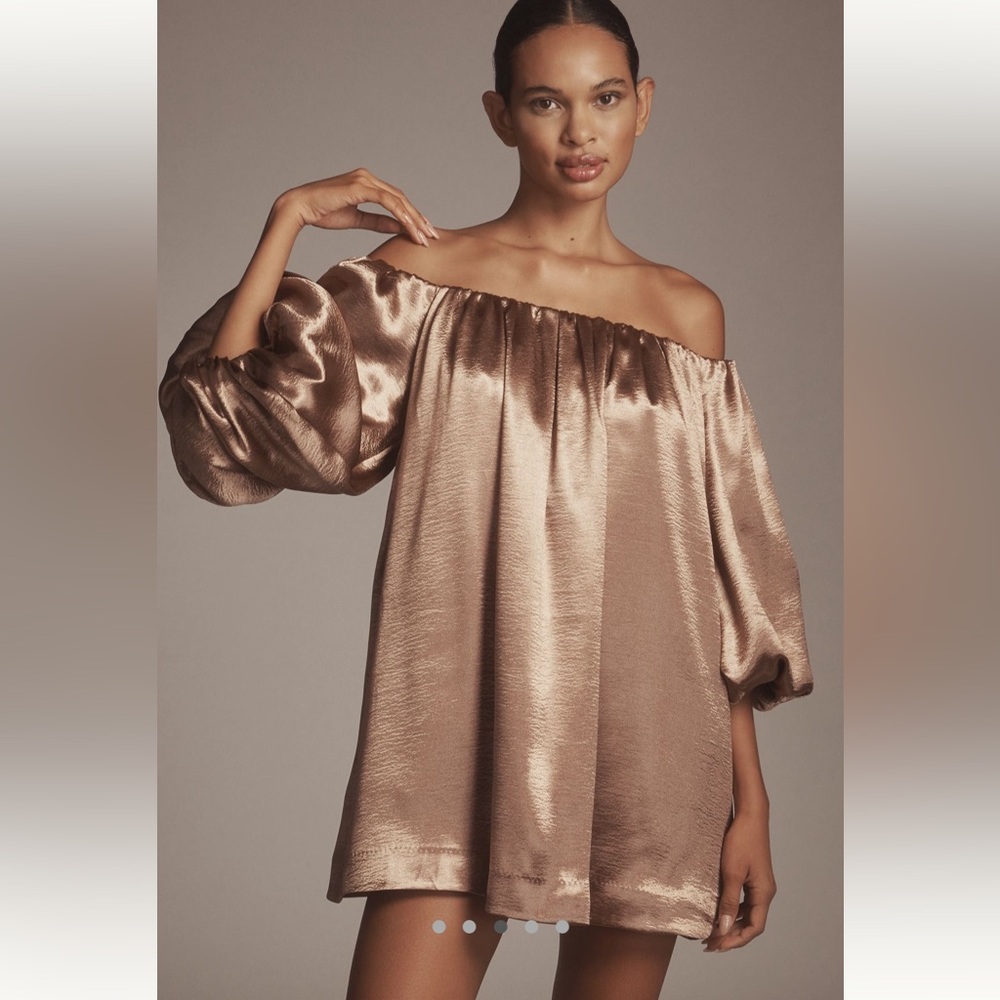 NWT @heynasreen x Mare Mare Off-The-Shoulder Puff sleeve shine mini dress - Picture 3 of 7